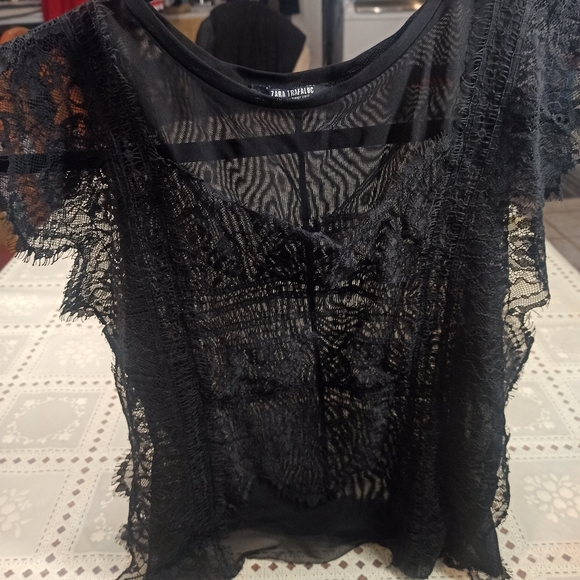 ZARA Black Sheer Lace see through  Blouse Ruffled Scalloped Sleeveless  Size S - Picture 2 of 15